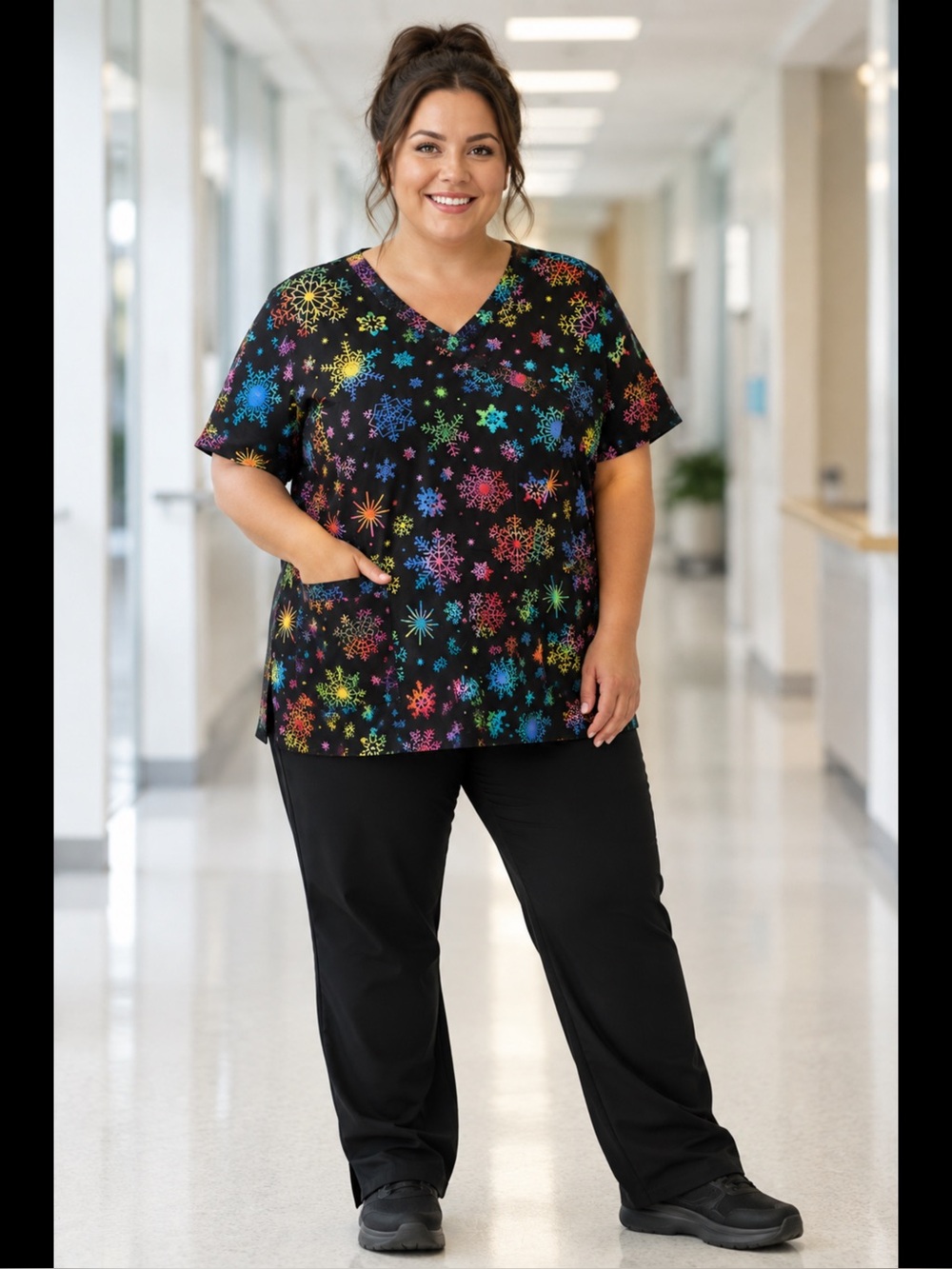 Women's Black V-Neck Top with Neon Snowflake Print